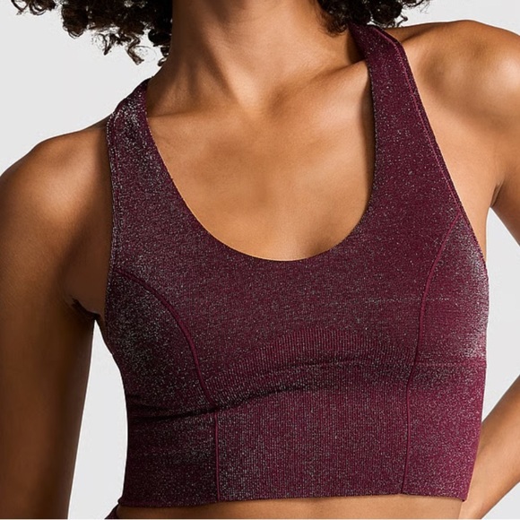 VS Pink Seamless Shimmer Plunge Sports Bra Wild Rose Shine Large longline - Picture 2 of 11